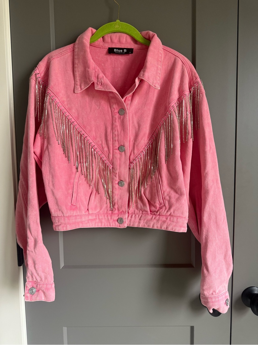 Blue B Pink Rhinestone Fringe Denim Jacket Western Cropped Medium